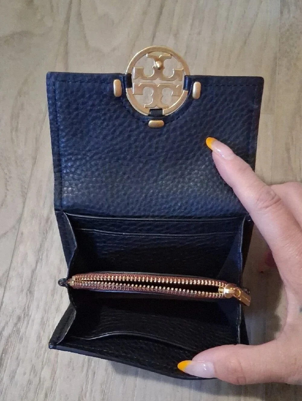 Tory Burch Black Pebbled Leather Trifold Wallet with Gold Emblem